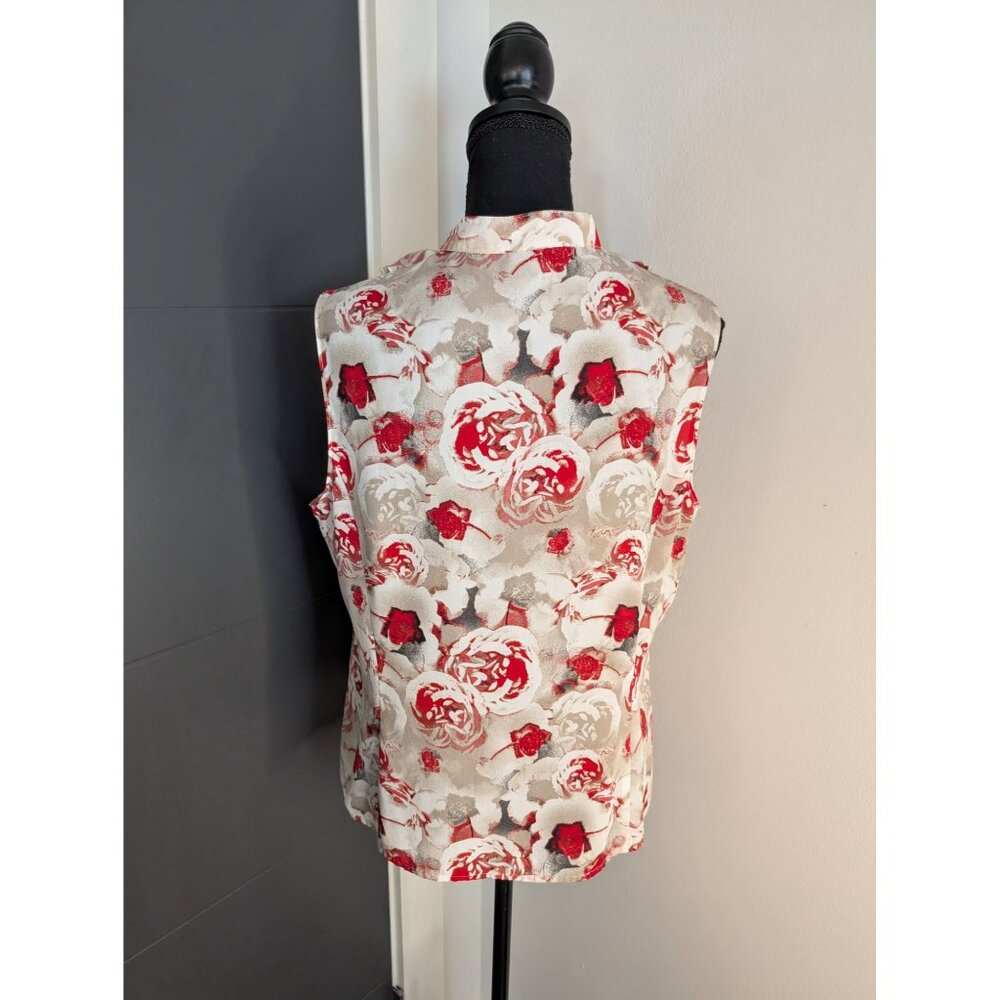 Tahari ASL‎ Petite Gray and Red Floral Ruffle Button-Down Sleeveless Blouse - PL - Picture 3 of 8